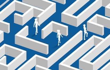 Poster - Silhouette of businessman and businesswoman walking at center of maze. Business concept for problem solving and solution strategy