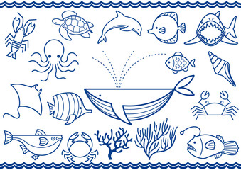 Wall Mural - Vector Marine Life Icon Set Isolated On A White Background.