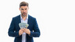 © Volodymyr - Business man with money banknotes, banner. Male entrepreneur with dollar bills. Lucky boss, insurance agent, manager. Freelancer with cash. Boss, director owner concept. Money for small business.