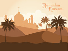 Landscape Banner With Concept Of Mosque And Sunset And Coconut Trees. Illustration Of A Beautiful And Bright Ramadan Landscape On A Brown Background.