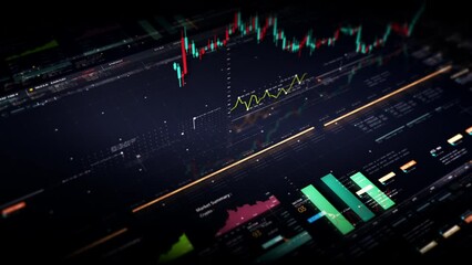 Fototapete - Business stock market, trading, info graphic with animated graphs, charts and data numbers insight analysis to be shown on monitor display screen for business meeting mock up theme