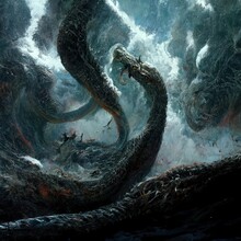The Image Illustrates The Final Battle Between Thor And Jormungandr, The Midgard Serpent. Generate Ai
