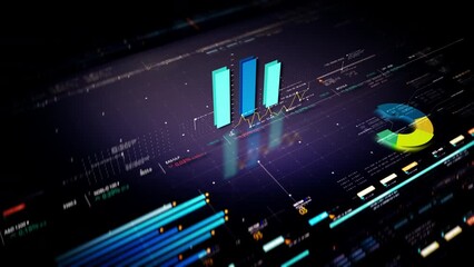 Fototapete - Business stock market, trading, info graphic with animated graphs, charts and data numbers insight analysis to be shown on monitor display screen for business meeting mock up theme