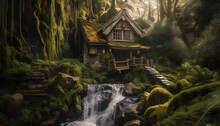Waterfall In The Forest, Waterfall In The Jungle House The Wizard's Cabin Set Into A Steep Hillside Surrounded By Nature, Waterfall, Forest, Mountain Wood
