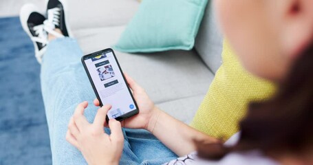 Poster - Woman, hands and browsing phone screen on homepage, website or mobile app for food delivery or order on sofa at home. Hand of female scrolling on smartphone display of menu or catalog on lounge couch