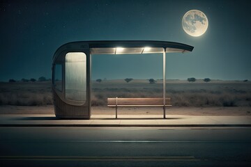 Wall Mural - empty bus stop, with the distant sound of night traffic, and a full moon in the sky, created with generative ai