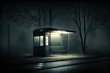 Wall Mural - bus stop with no lights, surrounded by darkness and mysterious shadows, created with generative ai