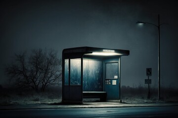 Canvas Print - bus stop with no lights, surrounded by darkness and mysterious shadows, created with generative ai