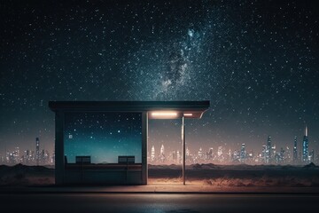 Sticker - bus stop, with view of the illuminated city skyline at night, and a glimpse of stars in the sky, created with generative ai