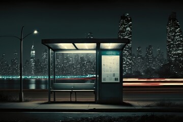 Poster - bus stop at night, with view of city skyline, and distant traffic lights, created with generative ai