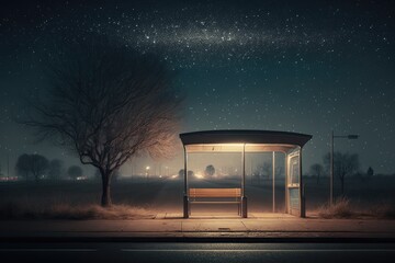 Wall Mural - a lonely bus stop, with only a flickering street lamp in the distance and stars shining above, created with generative ai