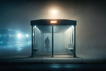 Sticker - a bus stop, covered in the mist of a foggy night, with only the lanterns illuminating its space, created with generative ai