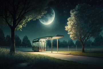 Wall Mural - a bus stop in a serene park, with the moon shining above, created with generative ai