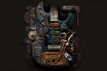 Wall Mural - electric guitar, surrounded by mix of vintage and modern gear, on sleek black background, created with generative ai