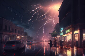 Wall Mural - dramatic thunderstorm over busy city, with lightning strikes and people on the streets, created with generative ai