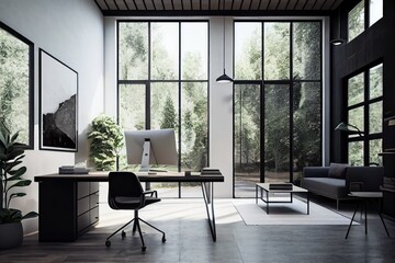 Poster - modern, minimalist open-space office with plenty of natural light and sleek furniture, created with generative ai