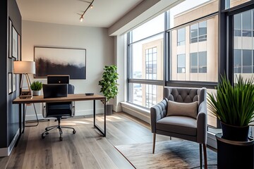 Poster - open-concept office with large windows and natural light, providing a view of the outside world, created with generative ai