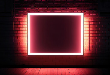 Black blank mockup poster banner hanging with on brick wall background, red neon light effect. AI Generated.