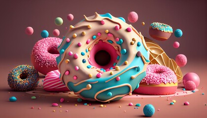 Donuts 3D style. Donuts composition, vibrant colors and shapes. Abstract isolated background scene.