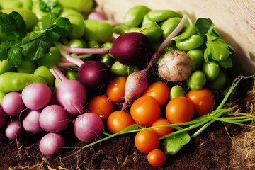 Sticker - Various colorful vegetables harvest on ground background 3D render digital illustration., created with generative ai