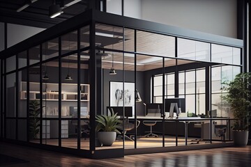 Wall Mural - a modern open space office with glass walls, sleek furniture and cool lighting, created with generative ai