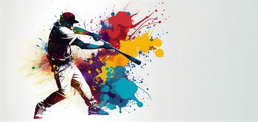Wall Mural - Baseball sport batting action colorful splash horizontal banner on white background copy space. Generative AI illustration