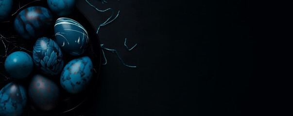 Wall Mural - Easter egg banner background, dark blue decorated eggs in a bowl, copy space on the right. Generative AI