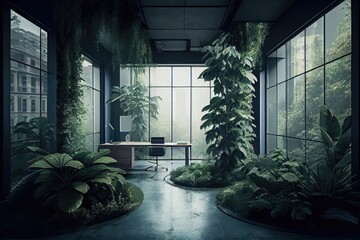 Canvas Print - empty office surrounded by lush greenery, symbolizing renewal and growth, created with generative ai