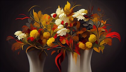 Wall Mural - Beautiful autumn flower bouquet in vase floral composition background 3D render digital illustration., created with generative ai