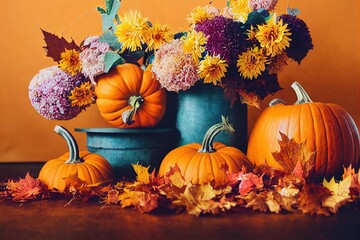 Sticker - Autumn flowers, pumpkin vegetable harvest composition on table 3D render digital illustration., created with generative ai