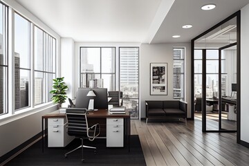 Wall Mural - spacious office with floor-to-ceiling windows, offering view of bustling cityscape, created with generative ai