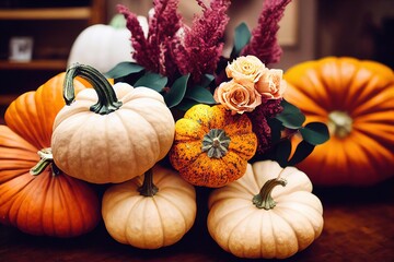 Sticker - Autumn flowers, pumpkin vegetable harvest composition on table 3D render digital illustration., created with generative ai