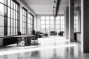 Canvas Print - large empty open space office with sleek minimalist furniture and floor-to-ceiling windows, created with generative ai