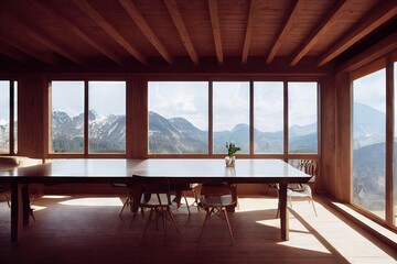 Poster - Large table on log veranda with white interior chairs and floor-to-ceiling windows., created with generative ai