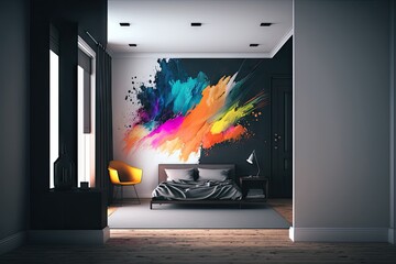 Wall Mural - empty room with abstract artwork on the walls, bringing color and life to the space, created with generative ai