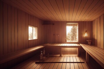 Poster - large sauna with lamp and bath accessories and view of winter fir tree., created with generative ai