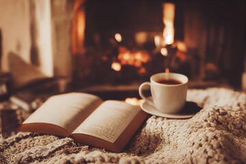 Poster - cozy place with open book with cup of tea., created with generative ai