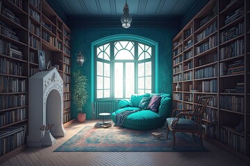 Canvas Print - empty room, filled with bookshelves and reading materials, providing the perfect place to escape from the chaos of everyday life, created with generative ai