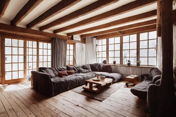 Poster - spacious room with grey sofas and large windows along wall., created with generative ai