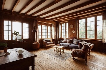 Poster - Wooden living room with grey sofa and brown table., created with generative ai