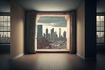 Sticker - empty room, with view of the bustling city, filled with promise and possibilities, created with generative ai