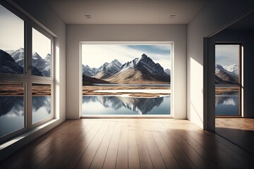 Poster - empty room with the view of peaceful natural landscape, such as mountain range or lake, created with generative ai