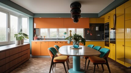 Wall Mural - 1960s tower block renovation with strong and contrasting shades of colours, generative ai
