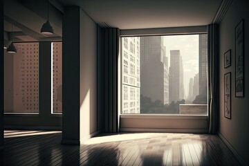 Canvas Print - empty room, with view of busy city street and bustling activity, created with generative ai