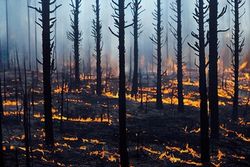 Sticker - Area of illegal deforestation with fire, destroying natural environment caused by aggressive hazard human activity. Earth planet vegetation destruction by wildfire., created with generative ai