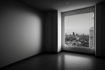 Wall Mural - empty room with view of bustling city, showcasing the contrast between busy and quiet, created with generative ai