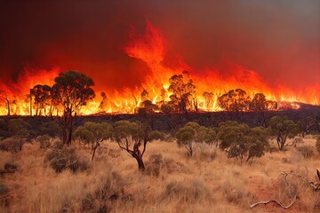 Sticker - Bushfire apocalypse in forest with big destruction background. Deforestation firestorm environmental ecology hazard with wilderness devastation landscape., created with generative ai