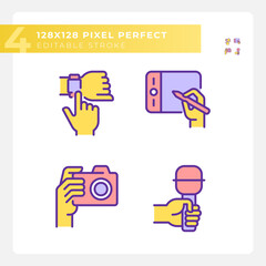 Poster - Yellow hands with different devices RGB color icons set. Digital technology for businesses. Gadget usage purposes. Isolated vector illustrations. Simple filled line drawings collection