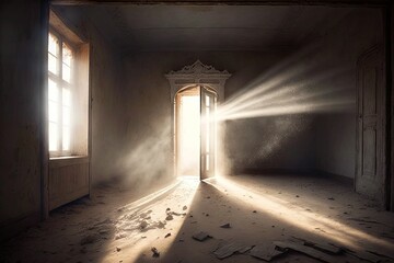 Canvas Print - empty room with light streaming in through the window, illuminating the dust particles in the air, c