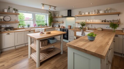 Wall Mural - Spacious kitchen with open shelving and solid oak work surfaces, generative ai
